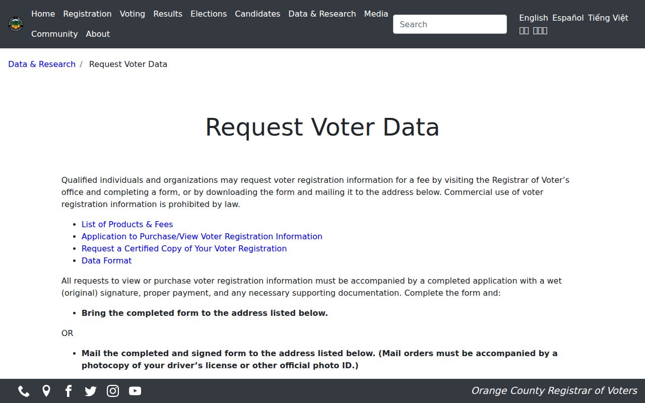 Seal Beach voter registration records request options at Orange County Registrar of Voters
